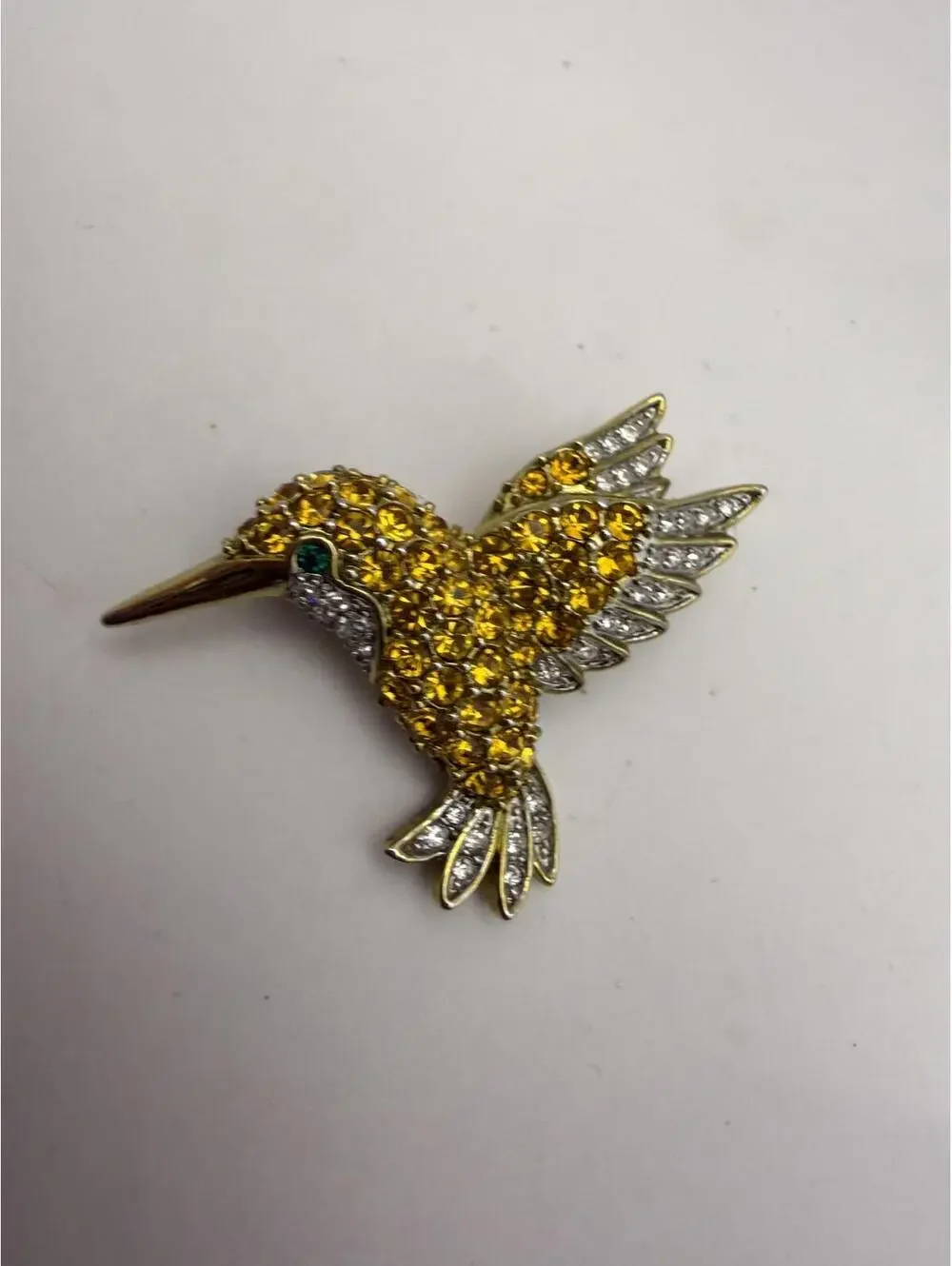 Vintage Hummingbird Brooch with Yellow and Clear Rhinestones